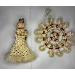 ❄️Vintage Crochet angel w wood head Ornament And Macrame Snowflake Ornament